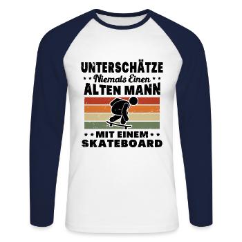 Unterschätze niemals einen alten Mann Skateboard - Unisex Baseballshirt langarm - Weiß/Navy - Vorne - Nik (191cm)