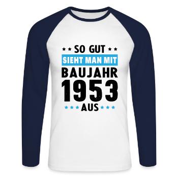 Geschenk Geburtstag 1953 Frau Mann Geschenkidee - Unisex Baseballshirt langarm - Weiß/Navy - Vorne - Nik (191cm)