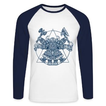 Viking Dwarf - Vitruvian Da Vinci Style - Unisex Long Sleeve Baseball T-Shirt - white/navy - Front - Nik (191cm)