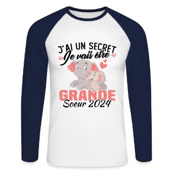 J'ai un secret Je Vais Être Grande Soeur 2024 - T-shirt baseball manches longues Homme - blanc/marine - Devant - Nik (191cm)