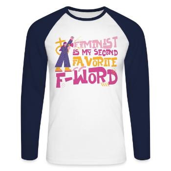 Feminist Feminist Is My Second - Unisex Long Sleeve Baseball T-Shirt - white/navy - Front - Nik (191cm)