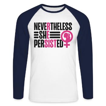 Feminist Nevertheless She - Unisex Baseballshirt langarm - Weiß/Navy - Vorne - Nik (191cm)