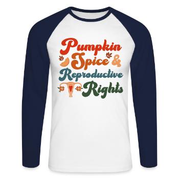 Feminist Fall Autumn Pumpkin Spice - Unisex Baseballshirt langarm - Weiß/Navy - Vorne - Nik (191cm)