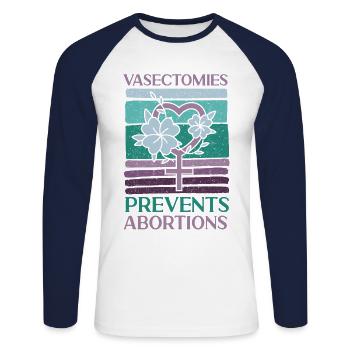 Feminist Vasectomies Prevents - Unisex Baseballshirt langarm - Weiß/Navy - Vorne - Nik (191cm)