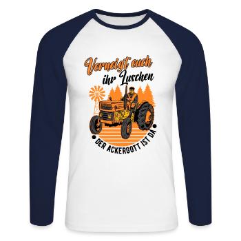 Landwirt Ackergott Humor Treckerfahrer Traktor - Unisex Baseballshirt langarm - Weiß/Navy - Vorne - Nik (191cm)