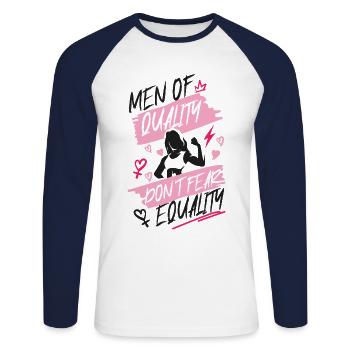 Feminist Men Of Quality Don't Fear - Unisex Baseballshirt langarm - Weiß/Navy - Vorne - Nik (191cm)