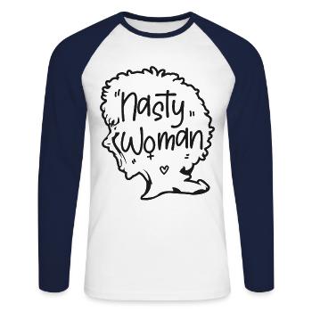 Feminist Nasty Woman - Unisex Long Sleeve Baseball T-Shirt - white/navy - Front - Nik (191cm)