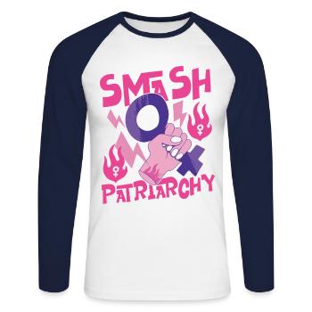 Feminist Smash Patriarchy - Unisex Baseballshirt langarm - Weiß/Navy - Vorne - Nik (191cm)