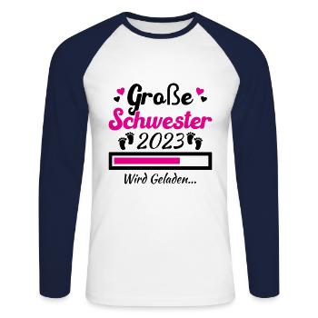 Kinder Ich werde Große Schwester 2023 - Unisex Baseballshirt langarm - Weiß/Navy - Vorne - Nik (191cm)