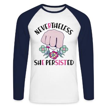 Feminist Nevertheless She - Unisex Baseballshirt langarm - Weiß/Navy - Vorne - Nik (191cm)
