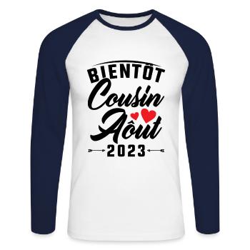 Bientôt Cousin Aout 2023 Annonce Grossesse - T-shirt baseball manches longues Homme - blanc/marine - Devant - Nik (191cm)
