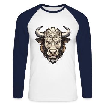 Bulle Portrait Taurus - Unisex Baseballshirt langarm - Weiß/Navy - Vorne - Nik (191cm)