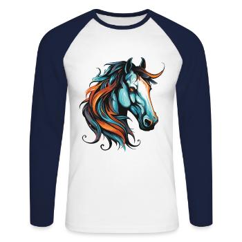 Portrait de cheval - T-shirt baseball manches longues Homme - blanc/marine - Devant - Nik (191cm)