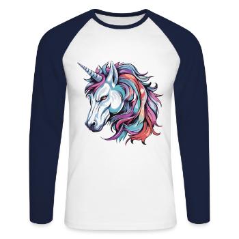 Einhorn Portrait - Unisex Baseballshirt langarm - Weiß/Navy - Vorne - Nik (191cm)