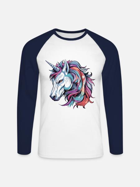 Einhorn Portrait - Unisex Baseballshirt langarm - Weiß/Navy