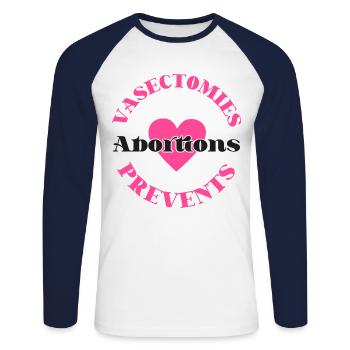 Feminist Vasectomies Prevents - Unisex Baseballshirt langarm - Weiß/Navy - Vorne - Nik (191cm)