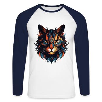 Tête de portrait de chat - T-shirt baseball manches longues Homme - blanc/marine - Devant - Nik (191cm)