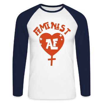 Feminist Feminist Af - Unisex Baseballshirt langarm - Weiß/Navy - Vorne - Nik (191cm)