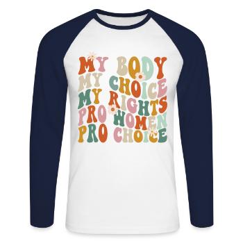 Féministe Mon corps Mon choix Mon - T-shirt baseball manches longues Homme - blanc/marine - Devant - Nik (191cm)