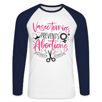 Feminist Vasectomies Prevents - Unisex Baseballshirt langarm - Weiß/Navy - Vorne - Nik (191cm)