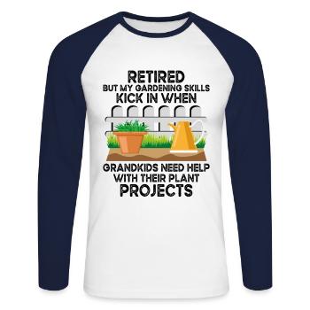 Jardinier Grand-mère à la retraite Retraité Jardinier Garde - T-shirt baseball manches longues Homme - blanc/marine - Devant - Nik (191cm)