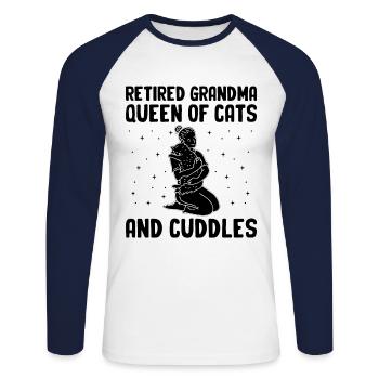 Amoureux des chats Grand-mère retraitée Retraité Propriétaire de chat Chat - T-shirt baseball manches longues Homme - blanc/marine - Devant - Nik (191cm)