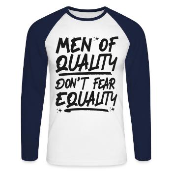 Feminist Men Of Quality Don't Fear - Unisex Baseballshirt langarm - Weiß/Navy - Vorne - Nik (191cm)