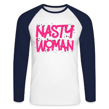 Feminist Nasty Woman - Unisex Long Sleeve Baseball T-Shirt - white/navy - Front - Nik (191cm)