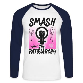 Feminist Smash Patriarchy - Unisex Baseballshirt langarm - Weiß/Navy - Vorne - Nik (191cm)