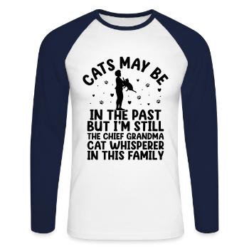 Amoureux des chats Grand-mère retraitée Retraité Propriétaire de chat Chat - T-shirt baseball manches longues Homme - blanc/marine - Devant - Nik (191cm)