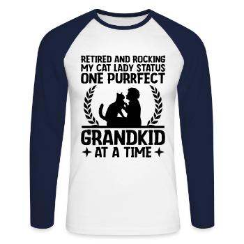 Amoureux des chats Grand-mère retraitée Retraité Propriétaire de chat Chat - T-shirt baseball manches longues Homme - blanc/marine - Devant - Nik (191cm)