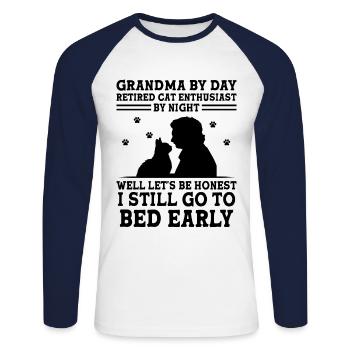 Amoureux des chats Grand-mère retraitée Retraité Propriétaire de chat Chat - T-shirt baseball manches longues Homme - blanc/marine - Devant - Nik (191cm)