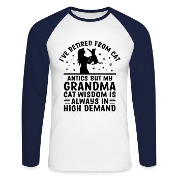 Amoureux des chats Grand-mère retraitée Retraité Propriétaire de chat Chat - T-shirt baseball manches longues Homme - blanc/marine - Devant - Nik (191cm)