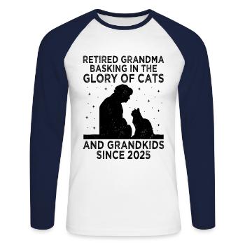 Amoureux des chats Grand-mère retraitée Retraité Propriétaire de chat Chat - T-shirt baseball manches longues Homme - blanc/marine - Devant - Nik (191cm)