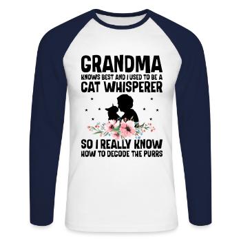 Amoureux des chats Grand-mère retraitée Retraité Propriétaire de chat Chat - T-shirt baseball manches longues Homme - blanc/marine - Devant - Nik (191cm)