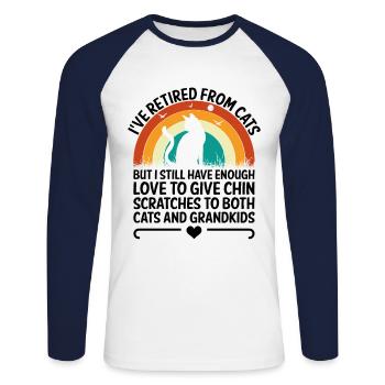 Amoureux des chats Grand-mère retraitée Retraité Propriétaire de chat Chat - T-shirt baseball manches longues Homme - blanc/marine - Devant - Nik (191cm)