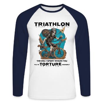 Schwimmen, Radfahren, Laufen, Triathlon, Triathlet, Sensenmann - Unisex Baseballshirt langarm - Weiß/Navy - Vorne - Nik (191cm)
