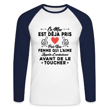 Ce mec est déjà pris par une femme qui l'aime - T-shirt baseball manches longues Homme - blanc/marine - Devant - Nik (191cm)