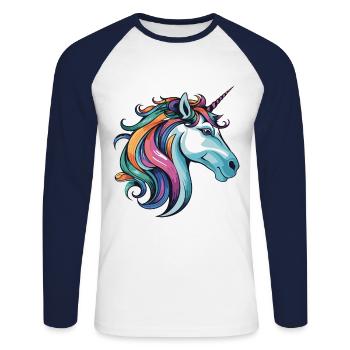 Einhorn Portrait - Unisex Baseballshirt langarm - Weiß/Navy - Vorne - Nik (191cm)