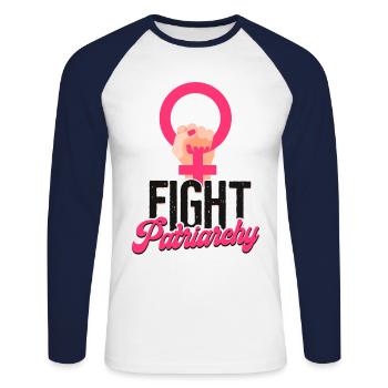 Feminist Fight Patriarchy - Unisex Baseballshirt langarm - Weiß/Navy - Vorne - Nik (191cm)