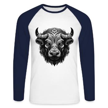 Bulle Portrait Taurus - Unisex Baseballshirt langarm - Weiß/Navy - Vorne - Nik (191cm)