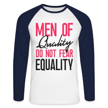 Feminist Men Of Quality Don't Fear - Unisex Baseballshirt langarm - Weiß/Navy - Vorne - Nik (191cm)