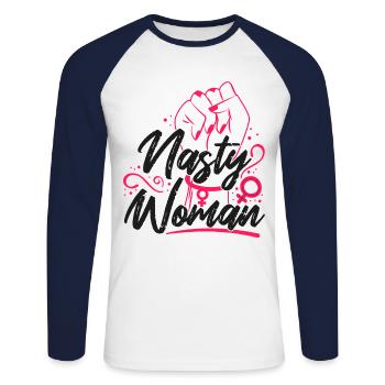 Feminist Nasty Woman - Unisex Long Sleeve Baseball T-Shirt - white/navy - Front - Nik (191cm)