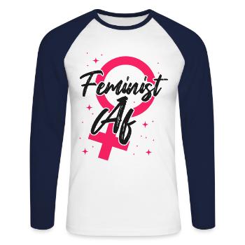 Feminist Feminist Af - Unisex Baseballshirt langarm - Weiß/Navy - Vorne - Nik (191cm)