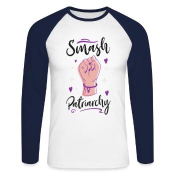 Feminist Smash Patriarchy - Unisex Baseballshirt langarm - Weiß/Navy - Vorne - Nik (191cm)