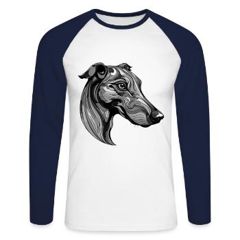 Portrait de chien Greyhound - T-shirt baseball manches longues Homme - blanc/marine - Devant - Nik (191cm)
