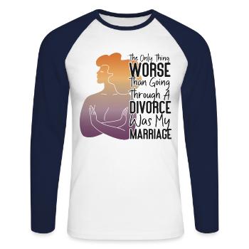 Happy Divorce Party The Only Thing - Unisex Baseballshirt langarm - Weiß/Navy - Vorne - Nik (191cm)