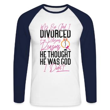 Bonne fête de divorce Mon ex et moi - T-shirt baseball manches longues Homme - blanc/marine - Devant - Nik (191cm)