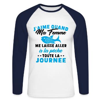 J'aime Quand ma Femme me Laisse Aller à la pêche - T-shirt baseball manches longues Homme - blanc/marine - Devant - Nik (191cm)