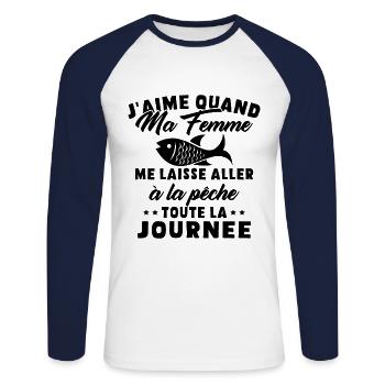 J'aime Quand ma Femme me Laisse Aller à la pêche - T-shirt baseball manches longues Homme - blanc/marine - Devant - Nik (191cm)